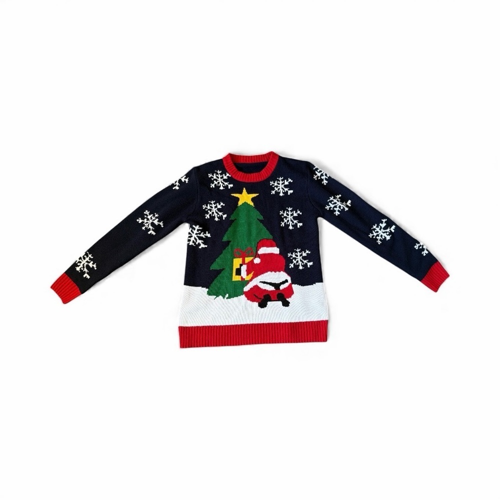 Holiday Black and Red Women's Sweater with Santa and Tree